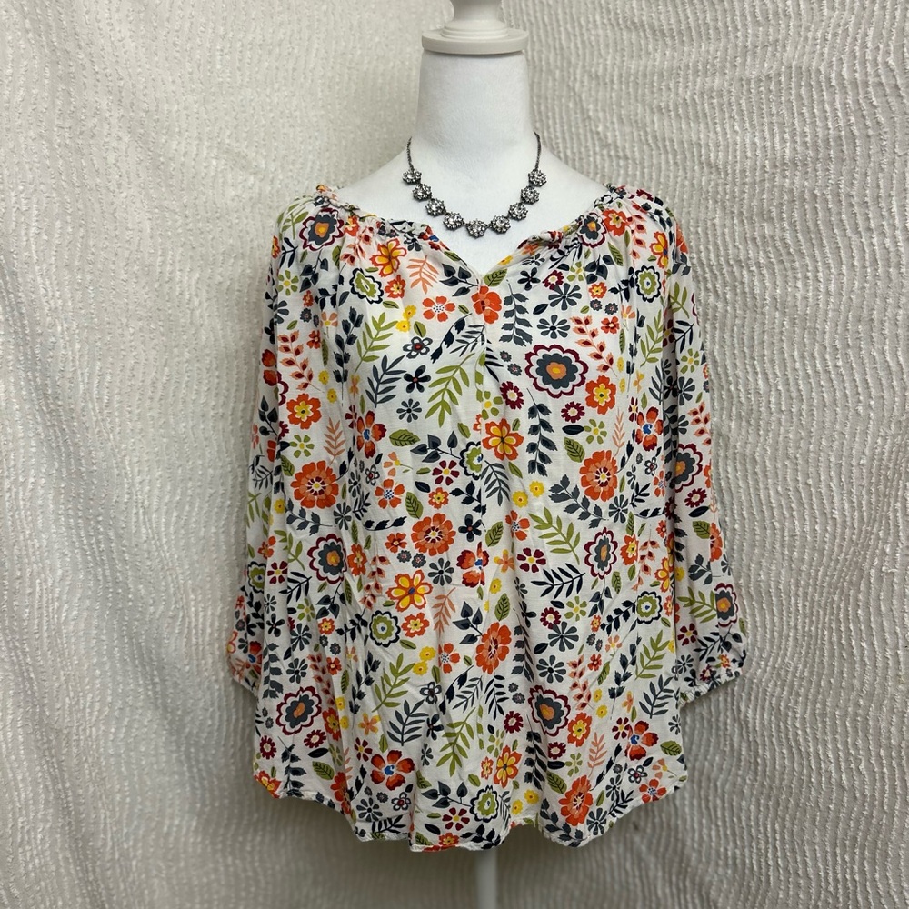 Beachlunchlounge Floral Blouse Size Large White Boho Cottagecore Peasant Top